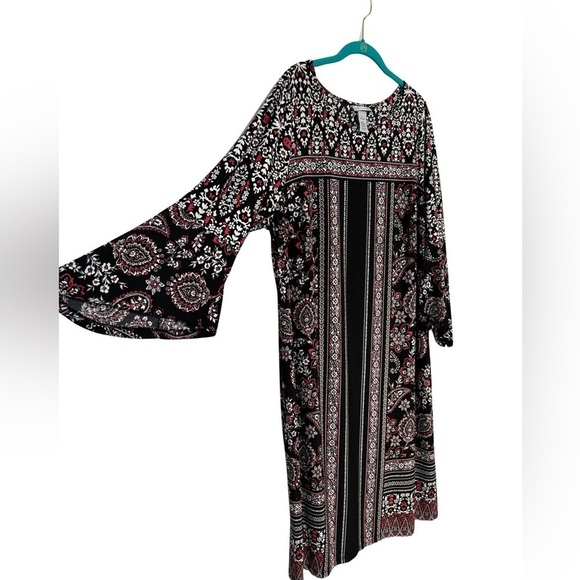 Catherines 3/4 Wide Sleeve Black w Geometric Patterns Red & White Sz 1X 18/20W - Picture 5 of 10